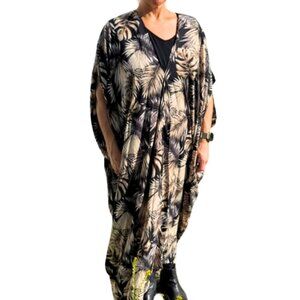 Jennafer Grace Palm Print Maxi Caftan OS Handmade CA Black Resort Dress